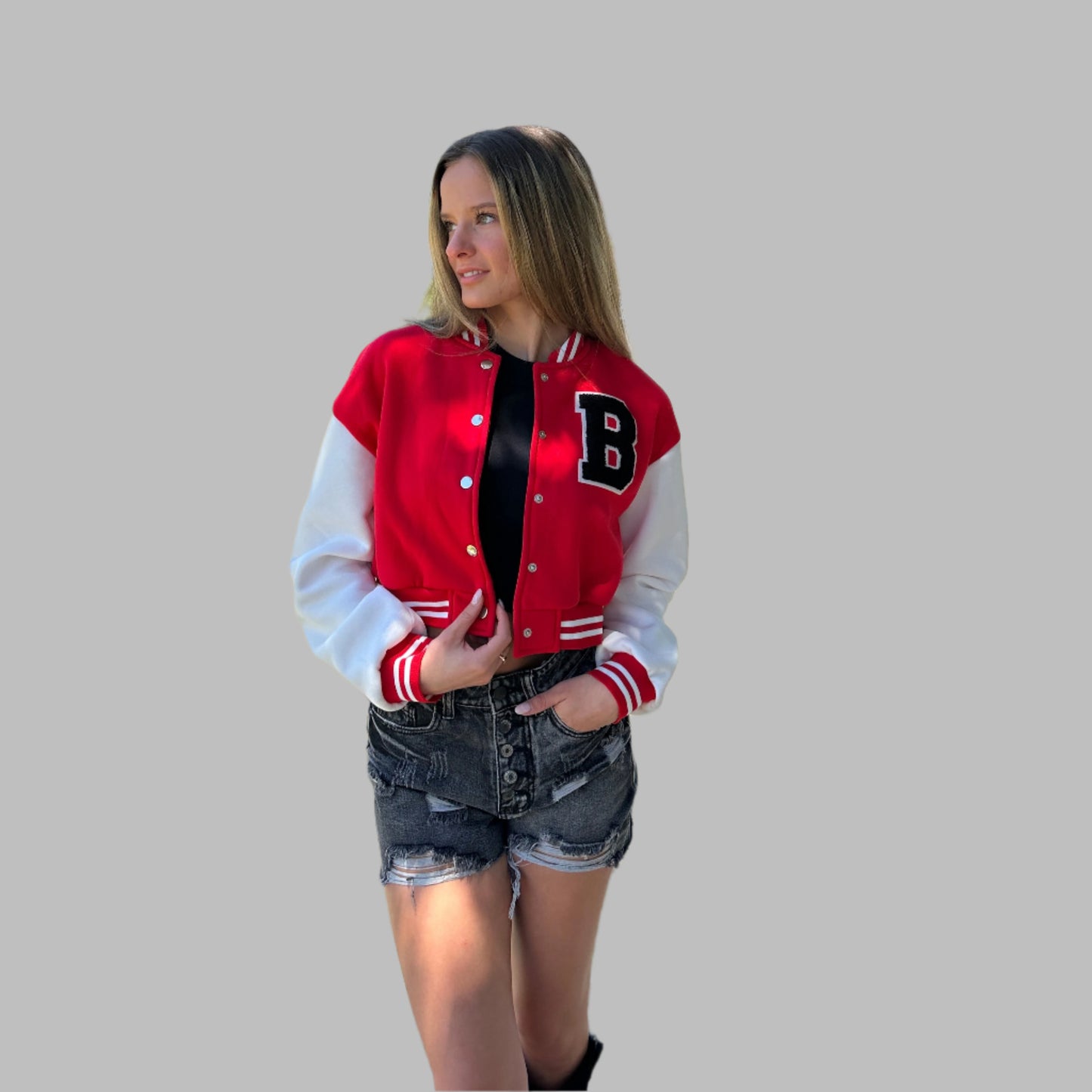 Cropped Red Letterman Varsity Jacket