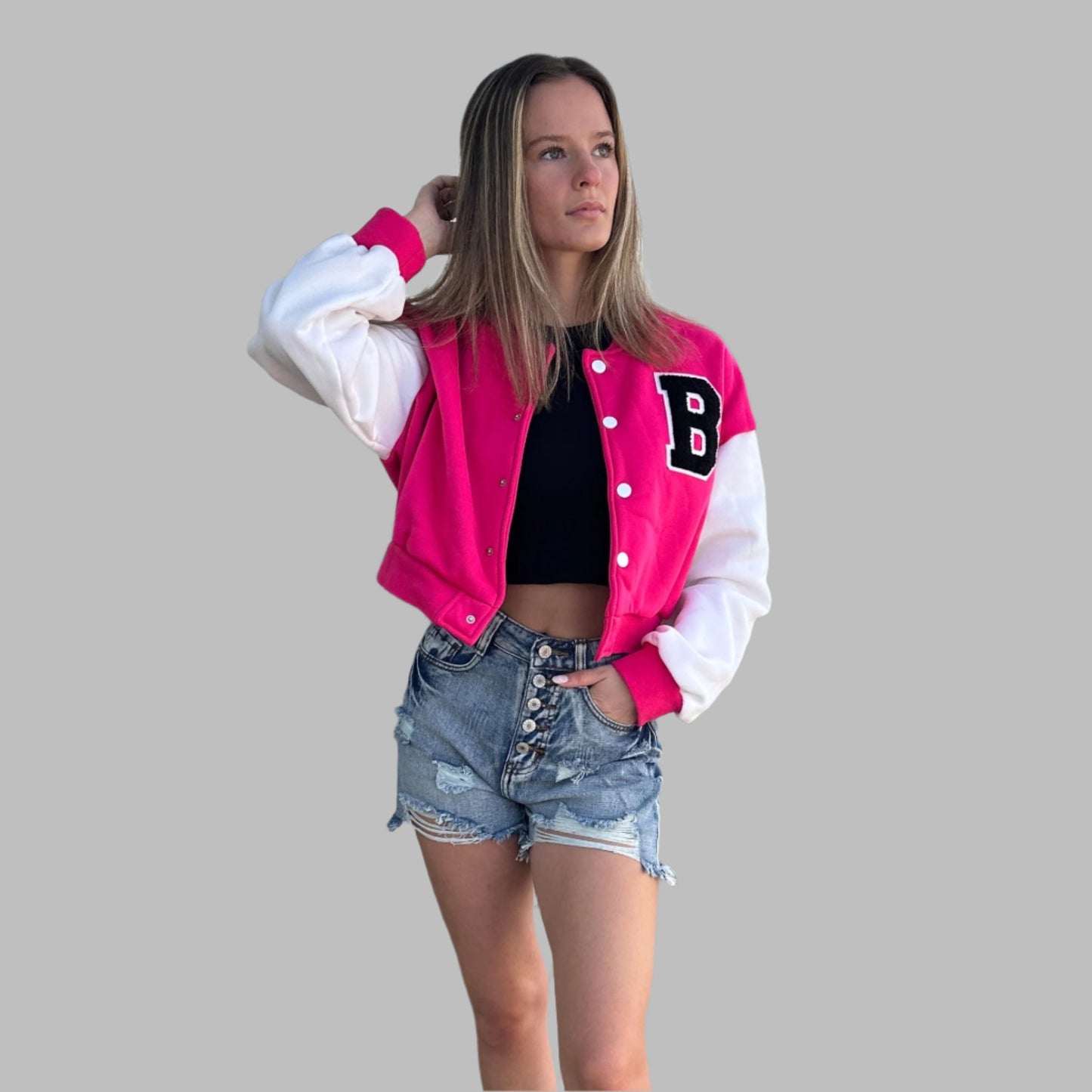 Pink Cropped Letterman Varsity Jacket