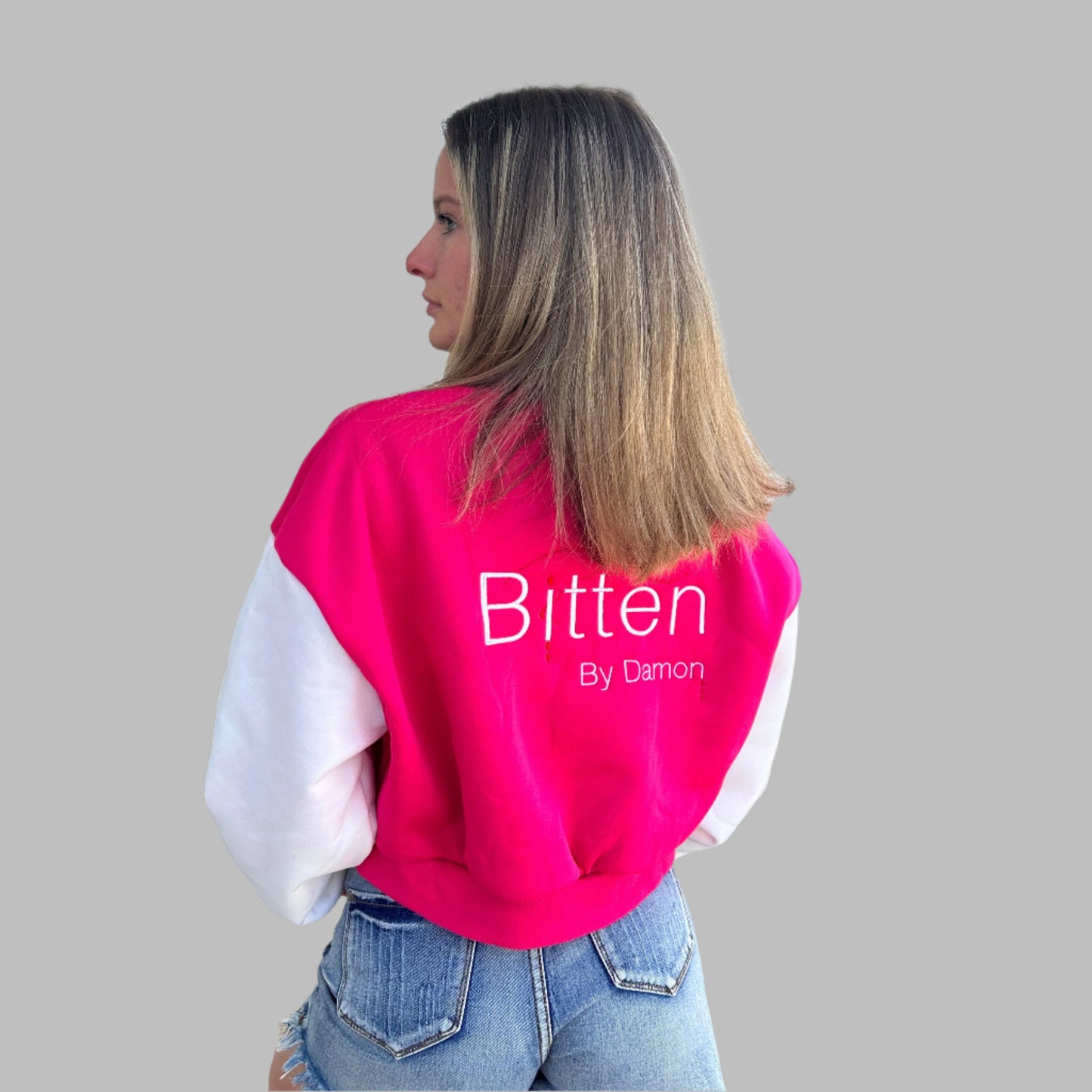 Pink Cropped Letterman Varsity Jacket