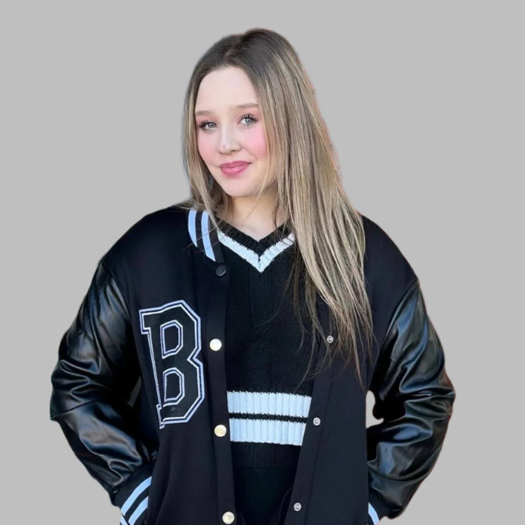 Black on Black Leather Sleeves Oversized Jacket