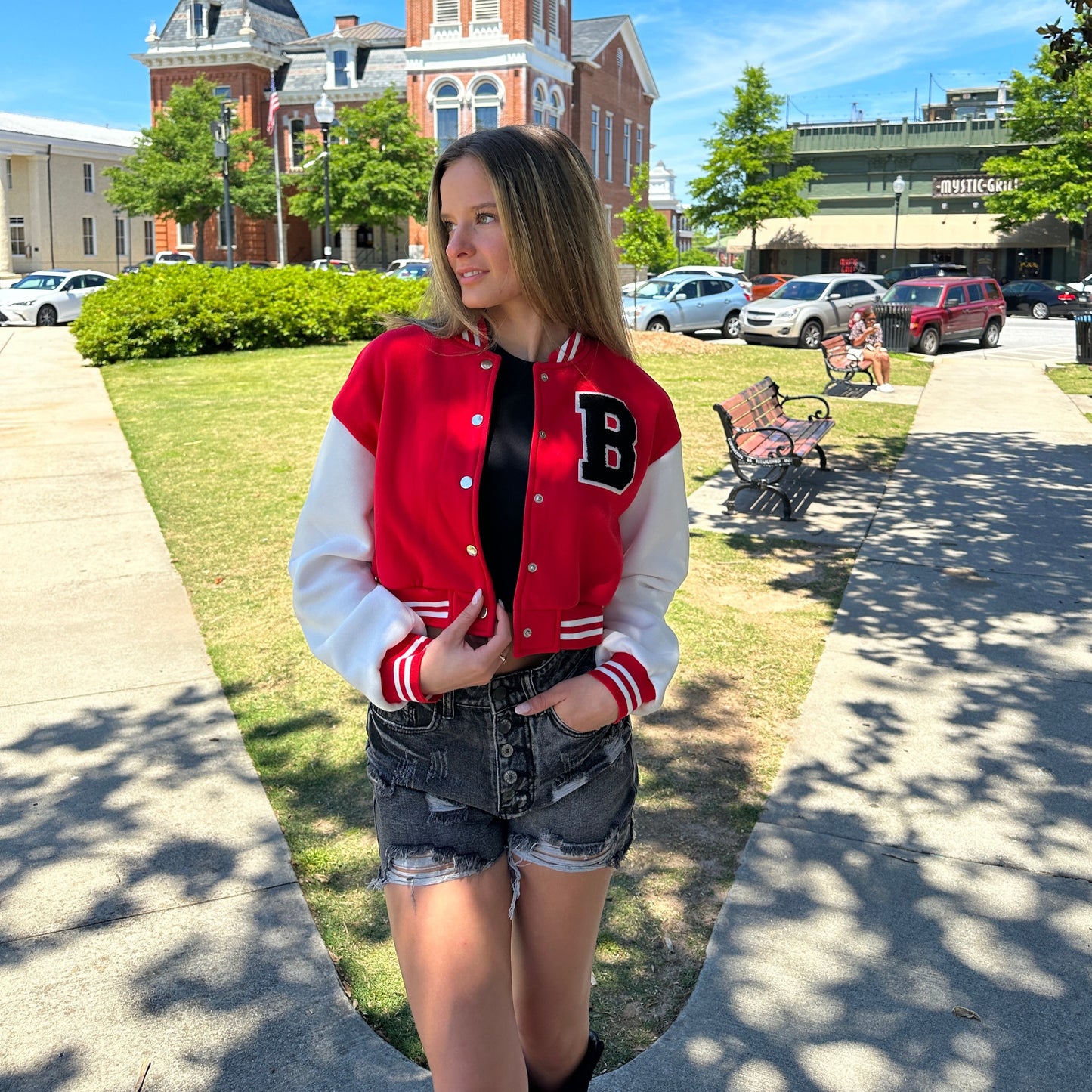 Cropped Red Letterman Varsity Jacket