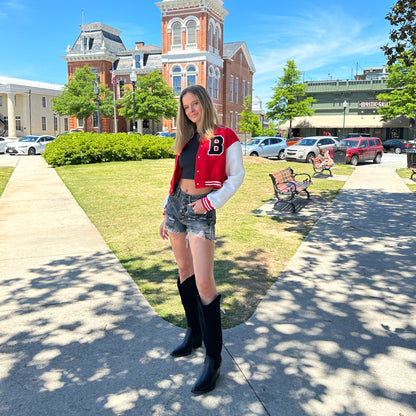 Cropped Red Letterman Varsity Jacket