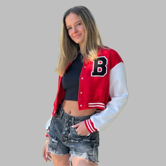 Cropped Red Letterman Varsity Jacket