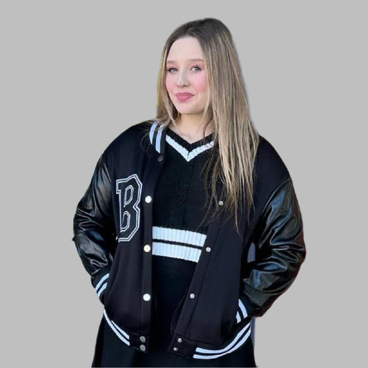 Black on Black Leather Sleeves Oversized Jacket