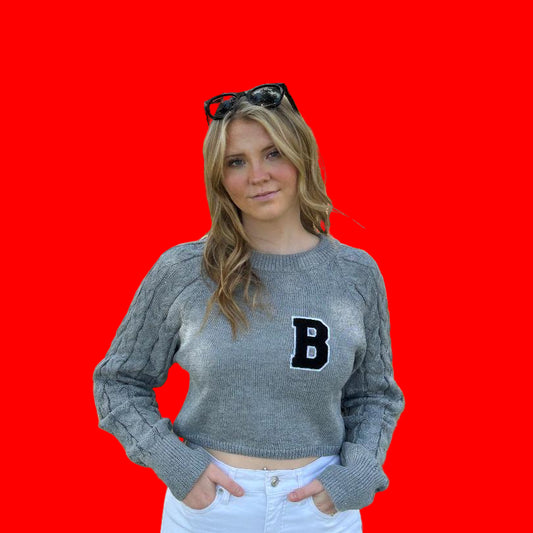 Cropped Cableknit Letterman Sweater