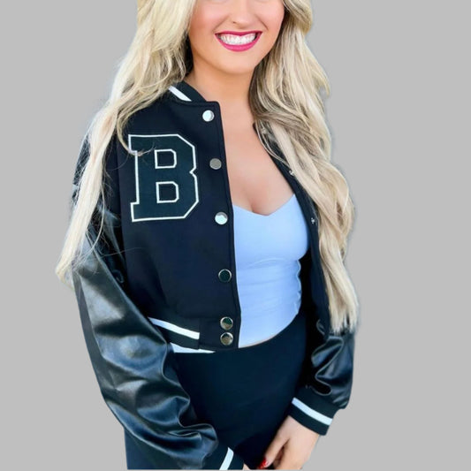 Black on Black Cropped Varsity Jacket in all Names