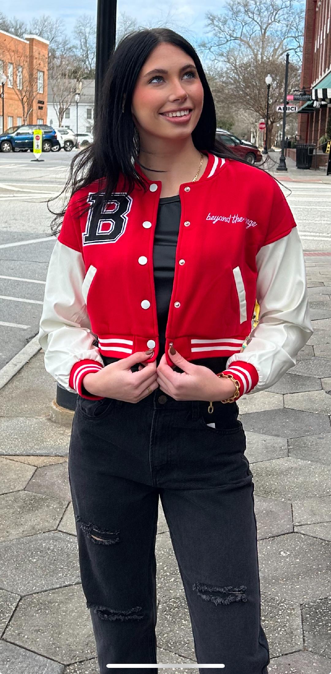 Cropped Red Letterman Varsity Jacket